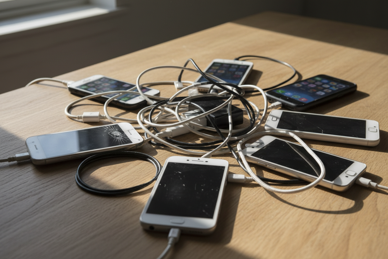 phones getting clutterd on a table while getting charged